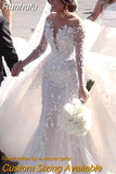 Detachable 2 In 1 Mermaid Wedding Dress Heavy Industry Embroidery Lace Bead 0-neck Full Sleeve Gown Robe De Mariee