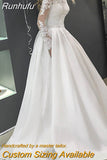 O Neck Elegant Satin Wedding Dresses Long Sleeve Lace Appliques Sweep Train Vestidos De Novia Custom Made Bridal Gowns
