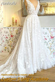 V Neck Lace Appliques Boho A Line Wedding Dress with Court Train Wedding Gowns for Bride robe de mariage