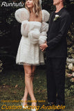 Mini Short Wedding Dress Pearls Tulle Long Puff Sleeves Square Neck Bridal Gowns For Women Beach Vestido de novia 2023