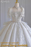 New Luxury Satin Wedding Dress Boat Neck With Pearl Lace Up Bridal Short Sleeve Glittery Flower Vestido De Noiva Ball Gown