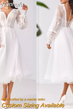 Tea Length V-Neck Wedding Dress Lantern Long Sleeve Lace Illusion Button Back Boho Beach Short Bridal Gown For Women