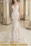 Deep V-Neck Wedding Dresses Lace Appliques Sleeveless Sexy Mermaid Bride Gown Backless Zipper Train Vestidos De Noiva