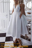 Short Wedding Dresses Satin A-Line V-Neck Sleeveless Lace Sexy Open Back Cheap White Tea-Length Bridal Gown Custom Made