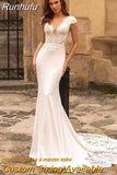 Mermaid Wedding Dresses 2023 Cap Sleeve V-Neck Lace Appliques Sequined Sexy Open Back Sweep Train Ivory Bride Gown