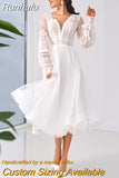 Tea Length V-Neck Wedding Dress Lantern Long Sleeve Lace Illusion Button Back Boho Beach Short Bridal Gown For Women