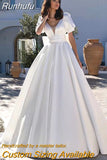 Satin Wedding Dresses With Pockets 2023 Short Sleeves Puff Backless Bridal Dress For Women Robe De Mariee Customize