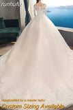 Spring White Ivory Champagne Wedding Dresses With Sleeve Illusion Long Appliques Lace Embroidery Ball Gowns vestido De Noiva