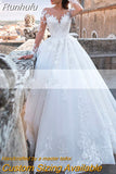 Wedding Dress Embroidered Lace On Net With Ball Gown Train O-neck Nude Full Sleeve Bride Gowns Lace Up Robes De Mariée