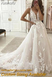 Line Backless Wedding Dresses V-neck Custom-made Court Train Appliques Sleeveless Robe De Mariée Engagement Plus Size