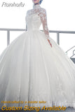 High end Shiny Arab Lace Applique Wedding Dress Back Button Design Transparent Tulle Long Sleeve High Neck Dubai Robe De