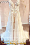 V Neck Lace Appliques Wedding Dresses Champagne Bridal Gowns A Line Wedding Gown estido de noiva praiano