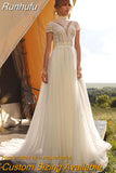 Boho Lace Tulle High Neck Wedding Dress 2023 Cap Sleeves A-Line Bohemian Bridal Gown Vintage Elegant Robe De Mariée