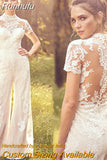 Lace Jumpsuit Wedding Dresses 2023 High Neck Short Sleeve Tulle Ivory Long Pants Bridal Gown With Pockets Button Back