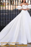 Women's Bridal Dresses Satin Pleated Sexy Off Shoulder Bubble Sleeve Removable Princess Prom Wedding Welcome Guest Gowns