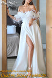 Sweetheart Wedding Dress Feathers Off The Shoulder A-Line Beach Split Bride Gown Backless Zipper Train Vestido De Noiva
