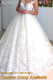 Gown Illusion Scoop Wedding Dresses with Cap Sleeves Sexy Sleeveless V Back Lace Appliques Bridal Gowns Robe de Mariee