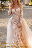 Detachable 2 In 1 Wedding Dress Heavy Industry Bead Embroidery Train O-neck Fullsleeve Vintage Bride Gowns Back Button