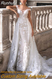 Detachable 2 In 1 Wedding Dress Embroidered Lace On Net With Train V-neck Sleeveless Vintage Bride Gowns Vestido De Novia