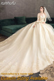 Spring White Ivory Champagne Wedding Dresses With Sleeve Illusion Long Appliques Lace Embroidery Ball Gowns vestido De Noiva