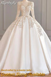 New Satin Wedding Dresses Full Sleeve V-neck Sweep Train Lace Up Ball Gown Wedding Dresses Sexy Backless Vestido De Noiva