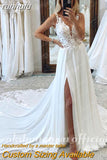 A-Line Split Chiffon Illusion Bodice Backless Beach Wedding Dresses for Women Appliques Summer Boho Bride Dress