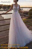 V-Neck Wedding Dress Lace Appliques Sleeveless Tulle Sweep Train Robe De Mariée Bohème Back Buttons Bridal Gown Bride
