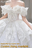 New Luxury Off The Shoulder Wedding Dress Lace Applique Boat Neck Bridal Dress Ball Gown Vestido De Noiva With A Big Tail