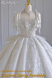 New Luxury Satin Wedding Dress Boat Neck With Pearl Lace Up Bridal Short Sleeve Glittery Flower Vestido De Noiva Ball Gown