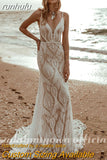 Plunging V Bohemian Mermaid Wedding dress Lace Champagne Bridal Gown Vintage Backless Spaghetti Straps Dress