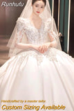 New Satin Wedding Dresses Full Sleeve V-neck Sweep Train Lace Up Ball Gown Wedding Dresses Sexy Backless Vestido De Noiva