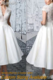 Appliques Short Wedding Dresses For Women 2023 A-Line Satin Tea-Length Cap Sleeve V-Neck Button Civil Vintage Bridal Gown