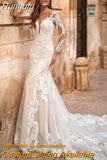V-Neck Mermaid Wedding Dress 2023 Long Sleeve Lace Appliques Bride Gown Backless Train Illusion Vestidos De Noiva