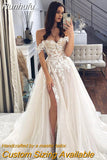 Ladies Off Shoulder Lace Appliqué Beach Wedding Dress Boho Side High Slit Bridal Dress Sleeveless Robe De Mariée 2023 Noiva