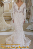 Luxury Mermaid Wedding Dress V-Neck Long Sleeve Lace Appliques Backless Sweep Train Bride Gown Vestidos De Noiva