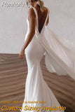 Deep V Neck Crepe Detachable Train Mermaid Wedding Dress 2023 Plain Sleeveless Open Back Simple Bridal Gowns Elegant