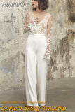 Long Sleeve Jumpsuit Wedding Dresses 2023 Lace Appliques V-Neck Bridal Gown With Pants Sexy Illusion Tulle Custom Made