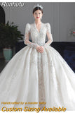 Sleeved Winter Wedding Dress 2023 New V Neck Luxury Long Sweep Train Beading Princes Wedding Gown Vestido De Noiva
