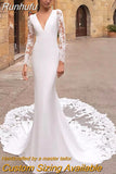 Long Sleeve Mermaid Wedding Dresses 2023 V-Neck Bridal Gown For Women Sweep Train Button Back Satin Gorgeous Custom Made