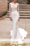 Long Sleeves Lace Mermaid Wedding Dresses 2023 Scoop Lace Appliques Vestido De Noiva Buttons Backless Bridal Gowns