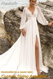 Elegant White A-Line Wedding Dresses Puff Sleeve V-Neck Bridal Gowns Boho Beach Lace High Split Wedding Prom Gowns Plus Size