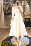 Half Sleeves Short Wedding Dress 2023 Mid-Calf Satin Korea Party Gowns Square Collar Neck Vestido De Novia Cheap Simples