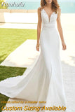 Mermaid V-Neck Wedding Dress Lace 2023 Simple Sleeveless Bride Gown Backless For Bride With Train Pleats Vestido De Novia