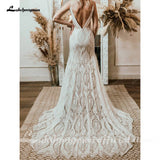 Plunging V Bohemian Mermaid Wedding dress Lace Champagne Bridal Gown Vintage Backless Spaghetti Straps Dress