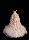 Modest Ball Gown Strapless Pink Chiffon Floral Long Prom Dress Party Dress Graduation Dresses Sweet 16 Dress HZ1214