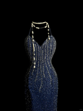 Pretty Mermaid Halter Navy Blue Sequin Backless Long Night Dinner Evening Dresses Formal Summer Wedding Guest Dresses Wedding Guest Outfits HZ1214
