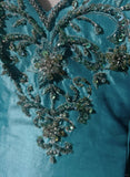 Blue A-Line Spaghetti Straps Satin Beaded Long Prom Dress Sweetheart Neck Applique Graduation Prom Dress HZ1108