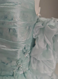 Blue Floral A-Line Strapless Organza Long Prom Dress Graduation Prom Dress HZ1108