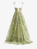 Green A-line Butterfly Lace Corset Prom Dress with Slit HZ1108