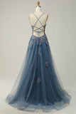 Sage A-line Spaghetti Strap Tulle Long Prom Dress Applique V-neck Party Dress HZ1108